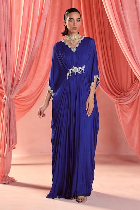 Seema Thukral Blue Chiffon Embroidery Sequins V Neck Lila Embellished Draped Kaftan 