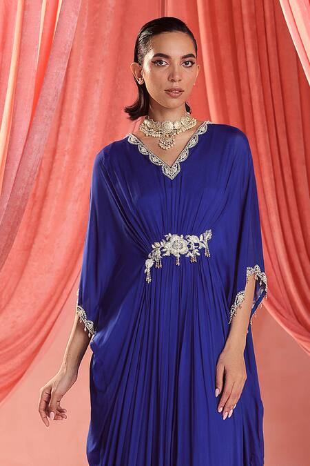 Seema Thukral_Blue Chiffon, Satin Sequins, Pearls, Zari V-neck Lila Embellished Draped Kaftan _Online_at_Aza_Fashions