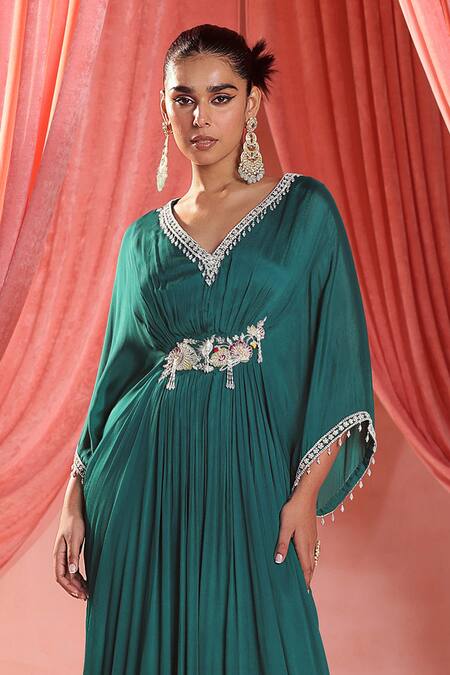 Seema Thukral Green Chiffon, Satin Pearls, Sequins, Ellie Floral Embellished Draped Kaftan Online at Aza Fashions Seema Thukral_Green Chiffon, Satin Pearls, Sequins, Ellie Floral Embellished Draped Kaftan _Online_at_Aza_Fashions