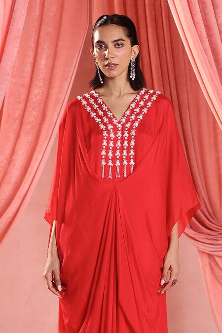 Seema Thukral_Red Chiffon, Satin Sequins, Beads, Layla Tulip Bloom Embellished Draped Kaftan _Online_at_Aza_Fashions