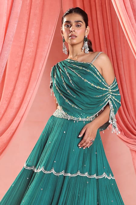 Seema Thukral Green Chiffon, Satin Sequins, Natasha Mirror Wave Embroidered Lehenga Blouse Set Online at Aza Fashions Seema Thukral_Green Chiffon, Satin Sequins, Natasha Mirror Wave Embroidered Lehenga Blouse Set _Online_at_Aza_Fashions