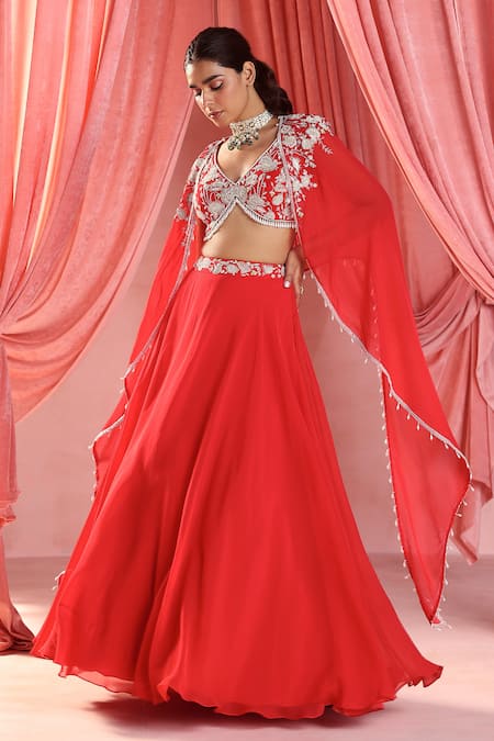 Seema Thukral Red Choli Georgette Embroidery Sequins Cape Avni Raffesia Bloom Lehenga Set 