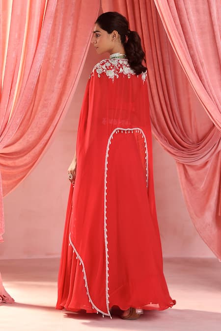 Seema Thukral_Red Georgette, Organza Sequins, Avni Raffesia Bloom Embroidered Cape Lehenga Set _Online_at_Aza_Fashions