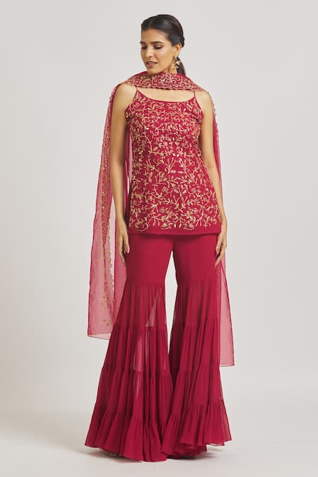 Asaga Maroon Georgette, Organza Embroidery Scoop Neck Floral Vine Kurta Sharara Set 