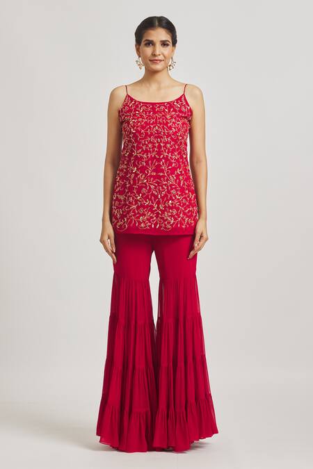 Asaga Maroon Georgette, Organza Embroidery Scoop Neck Floral Vine Kurta Sharara Set Online at Aza Fashions Asaga_Maroon Georgette, Organza Embroidery Scoop Neck Floral Vine Kurta Sharara Set _Online_at_Aza_Fashions