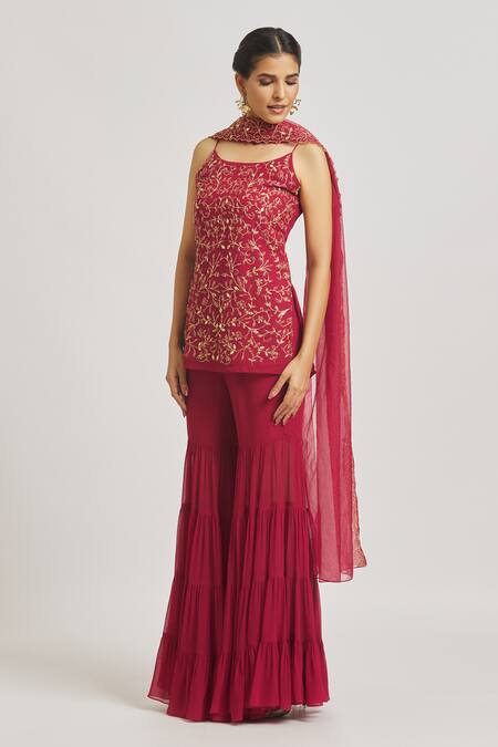 Shop Asaga Maroon Georgette, Organza Embroidery Scoop Neck Floral Vine Kurta Sharara Set Online at Aza Fashions Shop_Asaga_Maroon Georgette, Organza Embroidery Scoop Neck Floral Vine Kurta Sharara Set _Online_at_Aza_Fashions