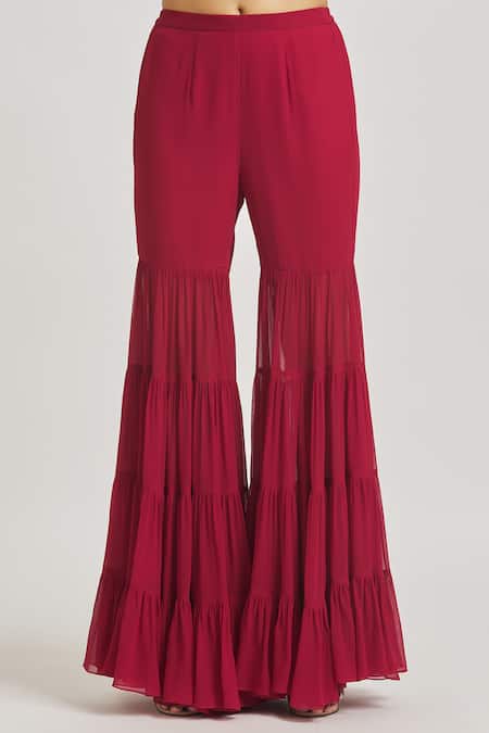 Asaga Maroon Georgette, Organza Embroidery Scoop Neck Floral Vine Kurta Sharara Set at Aza Fashions Asaga_Maroon Georgette, Organza Embroidery Scoop Neck Floral Vine Kurta Sharara Set _at_Aza_Fashions