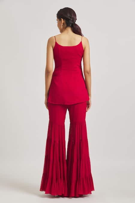 Shop Asaga Maroon Georgette, Organza Embroidery Scoop Neck Floral Vine Kurta Sharara Set at Aza Fashions Shop_Asaga_Maroon Georgette, Organza Embroidery Scoop Neck Floral Vine Kurta Sharara Set _at_Aza_Fashions