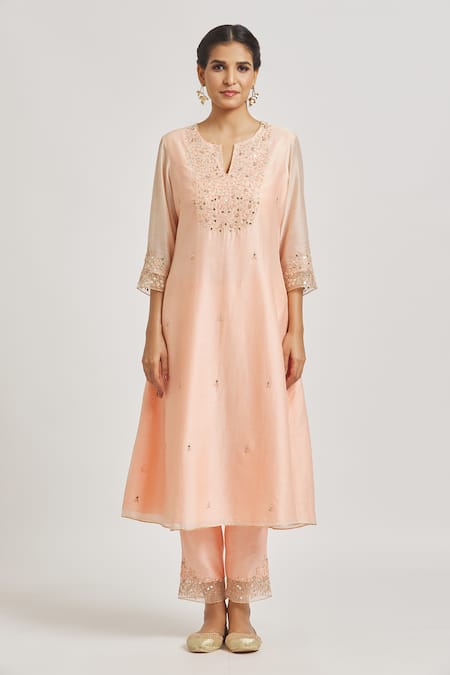 Asaga_Peach Organza, Chanderi, Muslin Embroidery, Mirrors Split A-line Kurta Pant Set _Online_at_Aza_Fashions