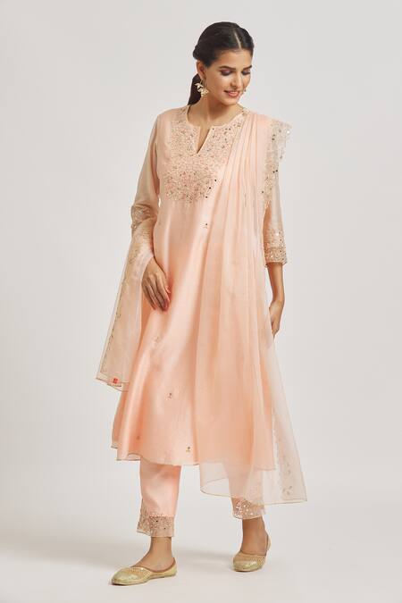 Buy_Asaga_Peach Organza, Chanderi, Muslin Embroidery, Mirrors Split A-line Kurta Pant Set _Online_at_Aza_Fashions