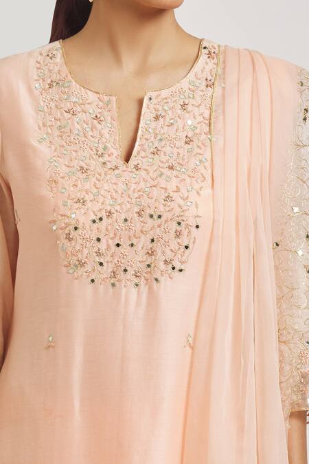 Shop_Asaga_Peach Organza, Chanderi, Muslin Embroidery, Mirrors Split A-line Kurta Pant Set _Online_at_Aza_Fashions