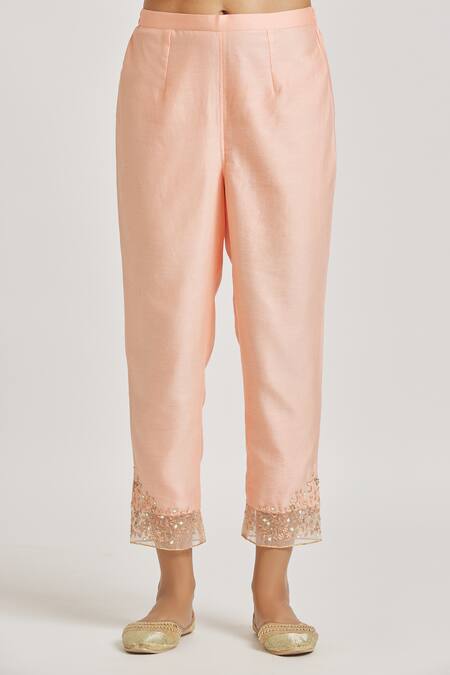 Asaga_Peach Organza, Chanderi, Muslin Embroidery, Mirrors Split A-line Kurta Pant Set _at_Aza_Fashions