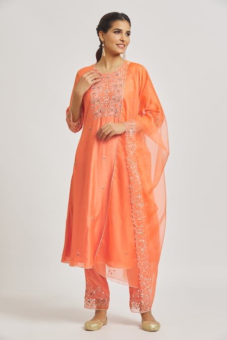 Asaga Orange Organza, Chanderi, Muslin Embroidery Keyhole Floral A-line Kurta Set 