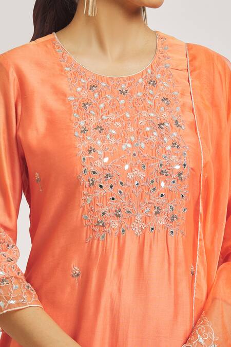 Shop Asaga Orange Organza, Chanderi, Muslin Embroidery Keyhole Floral A-line Kurta Set Online at Aza Fashions Shop_Asaga_Orange Organza, Chanderi, Muslin Embroidery Keyhole Floral A-line Kurta Set _Online_at_Aza_Fashions