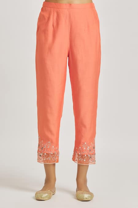 Asaga Orange Organza, Chanderi, Muslin Embroidery Keyhole Floral A-line Kurta Set at Aza Fashions Asaga_Orange Organza, Chanderi, Muslin Embroidery Keyhole Floral A-line Kurta Set _at_Aza_Fashions