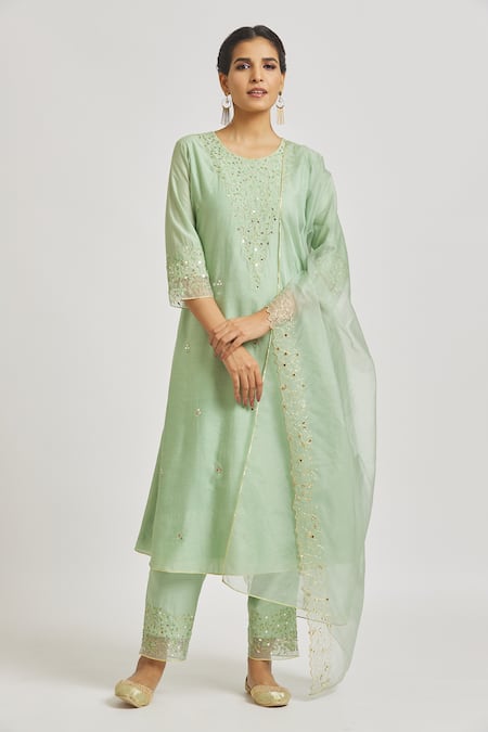 Asaga Green Organza, Chanderi, Muslin Mirrors, Embroidery Round Floral Kurta Pant Set 
