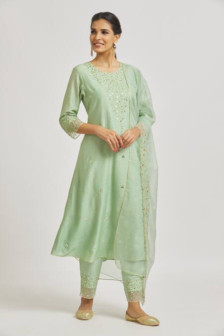 Buy Asaga Green Organza, Chanderi, Muslin Mirrors, Embroidery Round Floral Kurta Pant Set Online at Aza Fashions Buy_Asaga_Green Organza, Chanderi, Muslin Mirrors, Embroidery Round Floral Kurta Pant Set _Online_at_Aza_Fashions