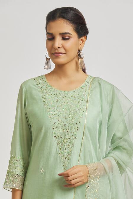 Shop Asaga Green Organza, Chanderi, Muslin Mirrors, Embroidery Round Floral Kurta Pant Set Online at Aza Fashions Shop_Asaga_Green Organza, Chanderi, Muslin Mirrors, Embroidery Round Floral Kurta Pant Set _Online_at_Aza_Fashions