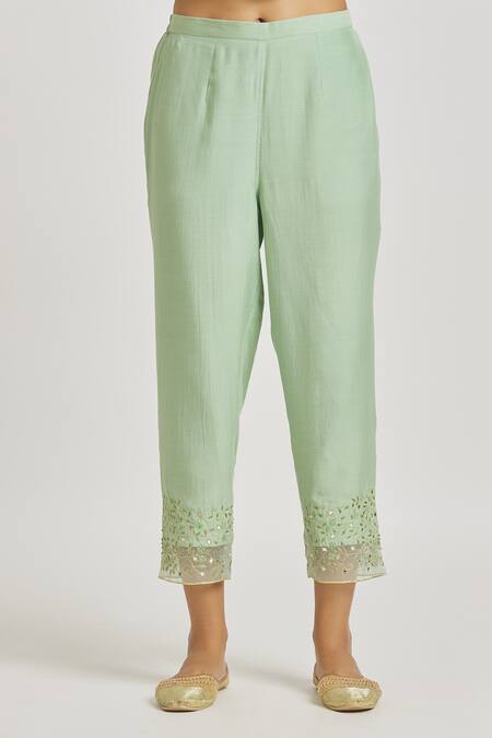 Asaga Green Organza, Chanderi, Muslin Mirrors, Embroidery Round Floral Kurta Pant Set at Aza Fashions Asaga_Green Organza, Chanderi, Muslin Mirrors, Embroidery Round Floral Kurta Pant Set _at_Aza_Fashions
