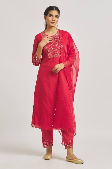 Buy Asaga Red Organza, Chanderi, Muslin Mirrors, Beads, Sequins, Straight Kurta Pant Set Online at Aza Fashions Buy_Asaga_Red Organza, Chanderi, Muslin Mirrors, Beads, Sequins, Straight Kurta Pant Set _Online_at_Aza_Fashions