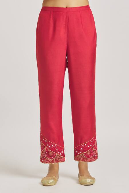 Asaga Red Organza, Chanderi, Muslin Mirrors, Beads, Sequins, Straight Kurta Pant Set at Aza Fashions Asaga_Red Organza, Chanderi, Muslin Mirrors, Beads, Sequins, Straight Kurta Pant Set _at_Aza_Fashions