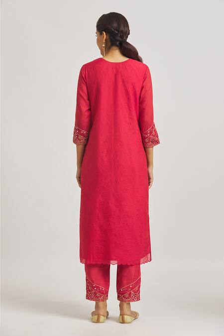 Shop Asaga Red Organza, Chanderi, Muslin Mirrors, Beads, Sequins, Straight Kurta Pant Set at Aza Fashions Shop_Asaga_Red Organza, Chanderi, Muslin Mirrors, Beads, Sequins, Straight Kurta Pant Set _at_Aza_Fashions
