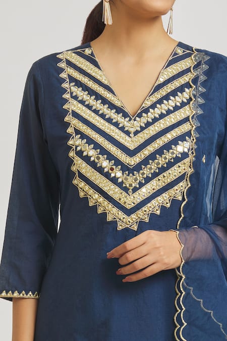 Shop Asaga Blue Organza, Chanderi, Muslin Embroidery, Mirrors V-neck Yoke Kurta Set Online at Aza Fashions Shop_Asaga_Blue Organza, Chanderi, Muslin Embroidery, Mirrors V-neck Yoke Kurta Set _Online_at_Aza_Fashions
