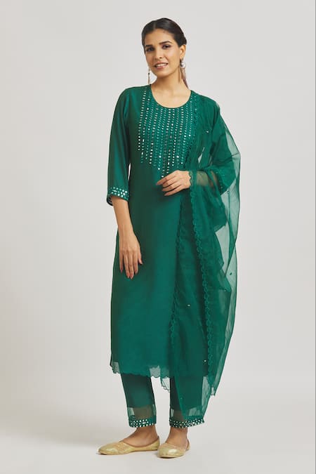 Shop_Asaga_Green Organza, Chanderi, Muslin Embroidery, Mirrors Round Yoke Kurta Pant Set _Online_at_Aza_Fashions