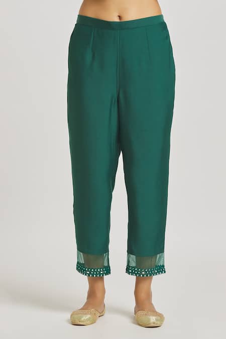 Asaga_Green Organza, Chanderi, Muslin Embroidery, Mirrors Round Yoke Kurta Pant Set _at_Aza_Fashions