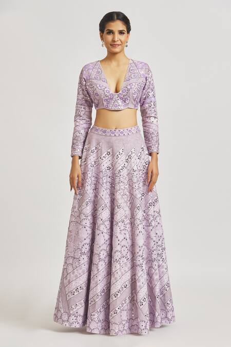Asaga Purple Silk, Organza Tassels, Embroidery Plunge Neck Annika Lehenga Set Online at Aza Fashions Asaga_Purple Silk, Organza Tassels, Embroidery Plunge Neck Annika Lehenga Set _Online_at_Aza_Fashions