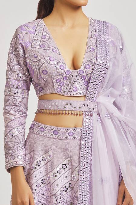 Shop Asaga Purple Silk, Organza Tassels, Embroidery Plunge Neck Annika Lehenga Set Online at Aza Fashions Shop_Asaga_Purple Silk, Organza Tassels, Embroidery Plunge Neck Annika Lehenga Set _Online_at_Aza_Fashions