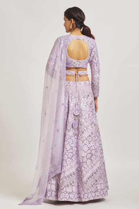 Shop Asaga Purple Silk, Organza Tassels, Embroidery Plunge Neck Annika Lehenga Set at Aza Fashions Shop_Asaga_Purple Silk, Organza Tassels, Embroidery Plunge Neck Annika Lehenga Set _at_Aza_Fashions