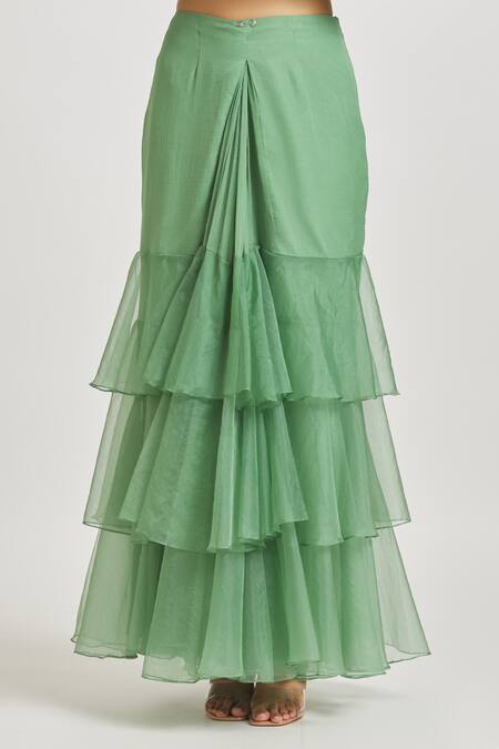 Asaga_Green Silk, Chiffon Embroidery, Netra Pre-draped Ruffle Saree With Blouse _Online_at_Aza_Fashions