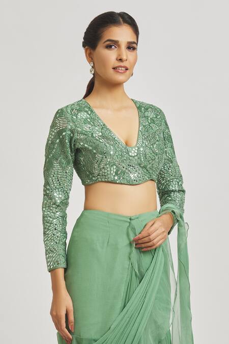 Buy_Asaga_Green Silk, Chiffon Embroidery, Netra Pre-draped Ruffle Saree With Blouse _Online_at_Aza_Fashions