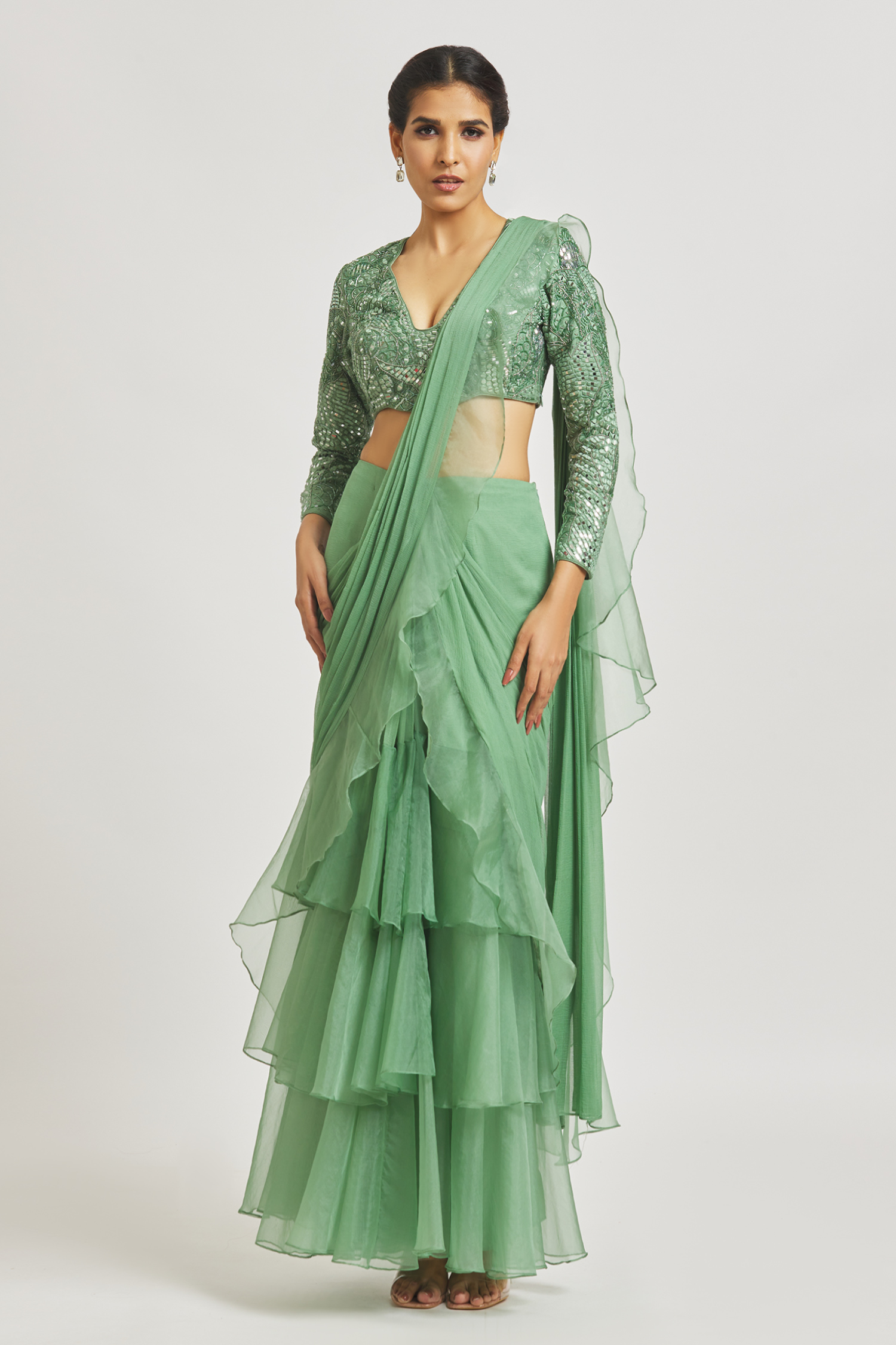Shop_Asaga_Green Silk, Chiffon Embroidery, Netra Pre-draped Ruffle Saree With Blouse _Online_at_Aza_Fashions