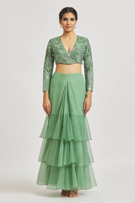 Buy_Asaga_Green Silk, Chiffon Embroidery, Netra Pre-draped Ruffle Saree With Blouse 