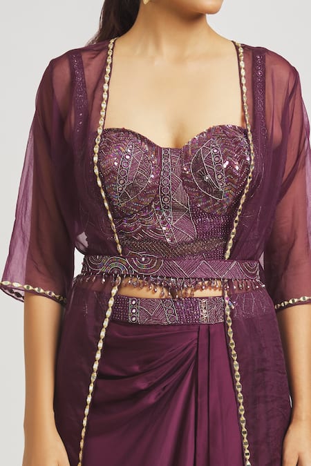 Shop Asaga Purple Silk, Satin, Organza Embroidery, Isha Draped Skirt Set With Jacket Online at Aza Fashions Shop_Asaga_Purple Silk, Satin, Organza Embroidery, Isha Draped Skirt Set With Jacket _Online_at_Aza_Fashions