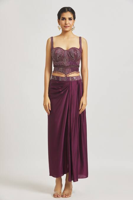 Asaga Purple Silk, Satin, Organza Embroidery, Isha Draped Skirt Set With Jacket at Aza Fashions Asaga_Purple Silk, Satin, Organza Embroidery, Isha Draped Skirt Set With Jacket _at_Aza_Fashions