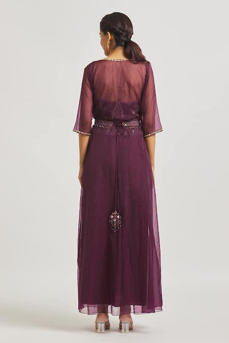 Shop Asaga Purple Silk, Satin, Organza Embroidery, Isha Draped Skirt Set With Jacket at Aza Fashions Shop_Asaga_Purple Silk, Satin, Organza Embroidery, Isha Draped Skirt Set With Jacket _at_Aza_Fashions