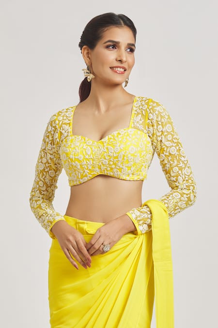 Buy_Asaga_Yellow Silk, Georgette Embroidery Sweetheart Emma Pre-draped Saree With Blouse _Online_at_Aza_Fashions