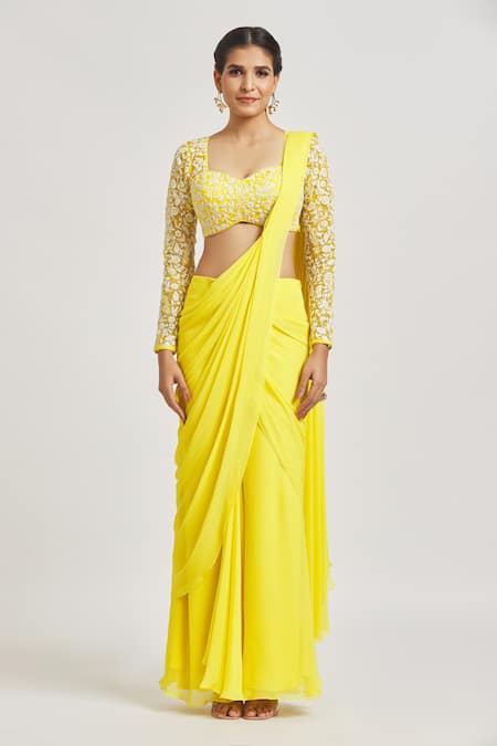 Shop_Asaga_Yellow Silk, Georgette Embroidery Sweetheart Emma Pre-draped Saree With Blouse _Online_at_Aza_Fashions