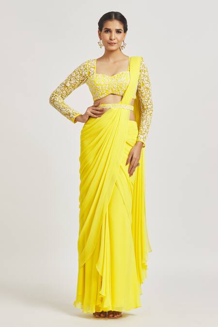 Asaga_Yellow Silk, Georgette Embroidery Sweetheart Emma Pre-draped Saree With Blouse _at_Aza_Fashions