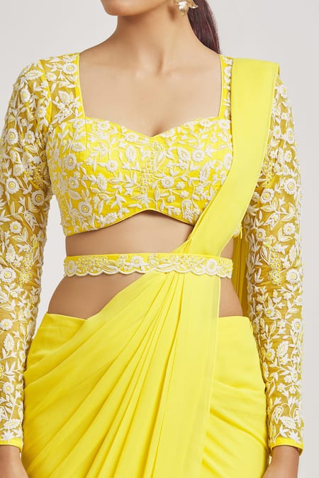 Buy_Asaga_Yellow Silk, Georgette Embroidery Sweetheart Emma Pre-draped Saree With Blouse 