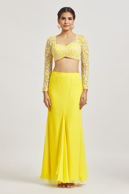 Shop_Asaga_Yellow Silk, Georgette Embroidery Sweetheart Emma Pre-draped Saree With Blouse 