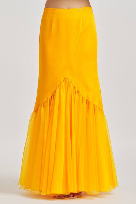 Asaga_Yellow Silk, Chiffon, Organza Sequins, Pre-draped Saree With Hand Blouse _Online_at_Aza_Fashions