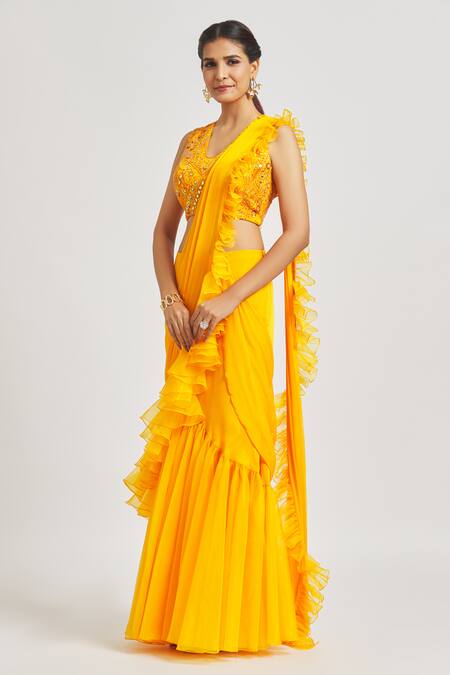 Buy_Asaga_Yellow Silk, Chiffon, Organza Sequins, Pre-draped Saree With Hand Blouse _Online_at_Aza_Fashions