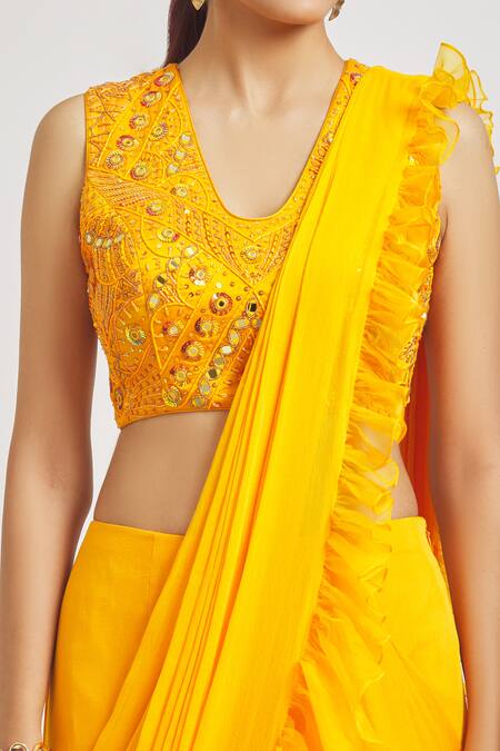 Shop_Asaga_Yellow Silk, Chiffon, Organza Sequins, Pre-draped Saree With Hand Blouse _Online_at_Aza_Fashions