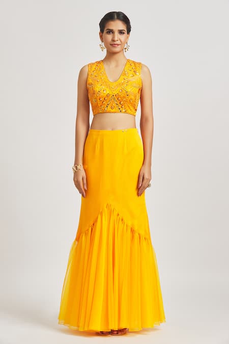 Buy_Asaga_Yellow Silk, Chiffon, Organza Sequins, Pre-draped Saree With Hand Blouse 