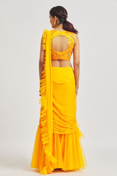 Asaga Pre-Draped Ruffle Saree With Hand Embroidered Blouse 