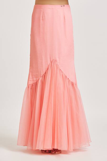 Asaga_Pink Organza, Silk, Chiffon Pre-draped Ruffle Saree With Floral Blouse _Online_at_Aza_Fashions